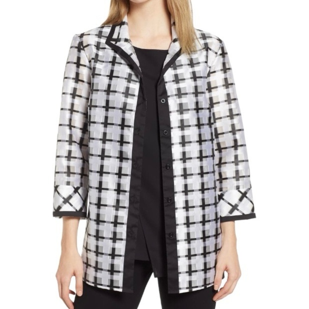 Ming Wang Windowpane Check Button Down Blouse Sheer Jacket
